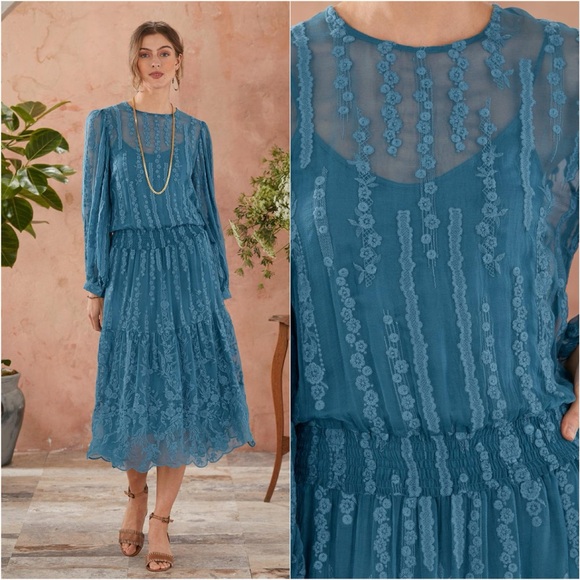 Sundance Seaspell Midi Dress Sheer Floral Lace Embroidered Silk Long Sleeve S - Picture 4 of 16